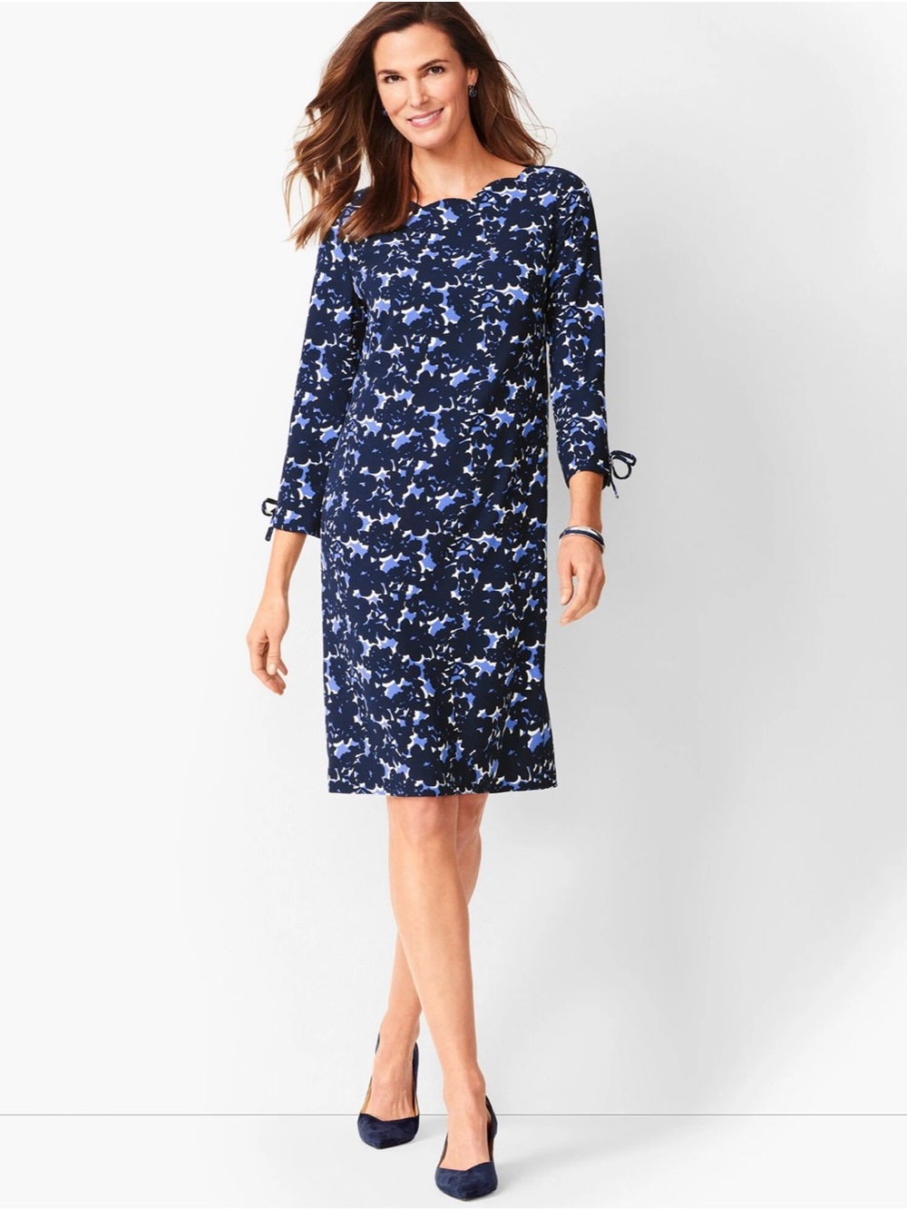 Talbots Navy and Light Blue Floral Midi Shift Dress